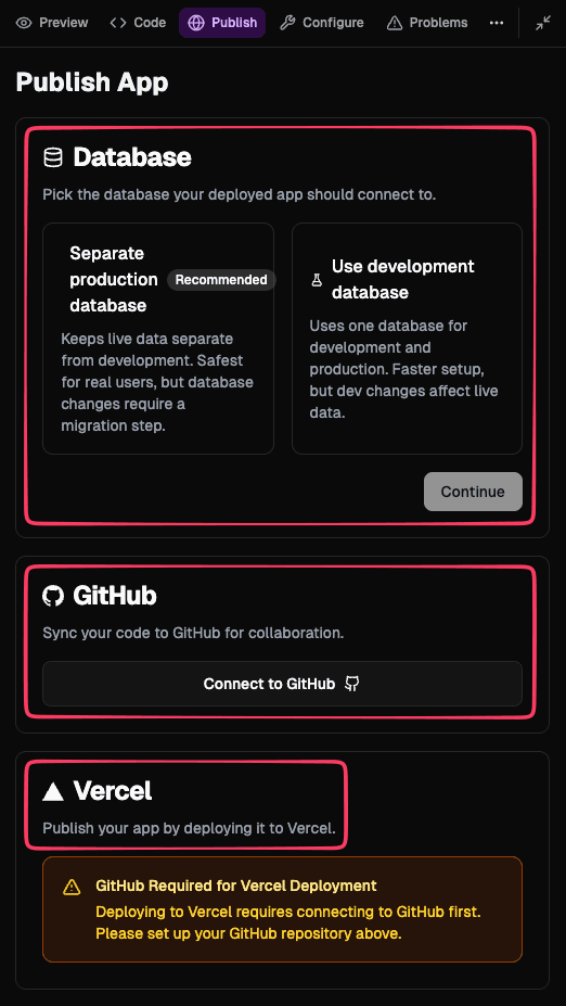 Dyad publish options