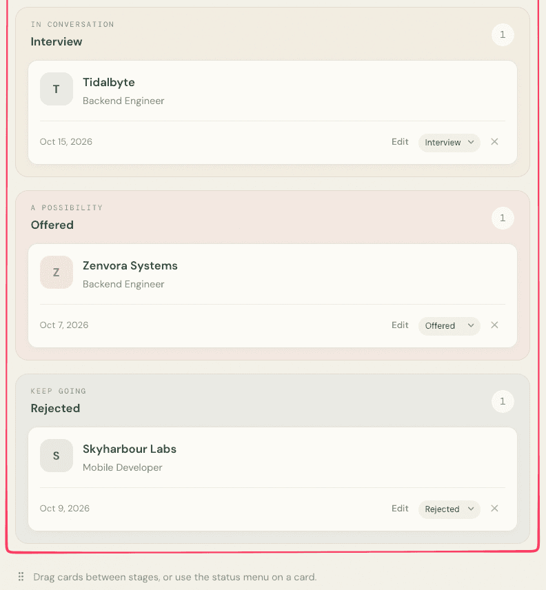 Application card details in the Replit-built tracker