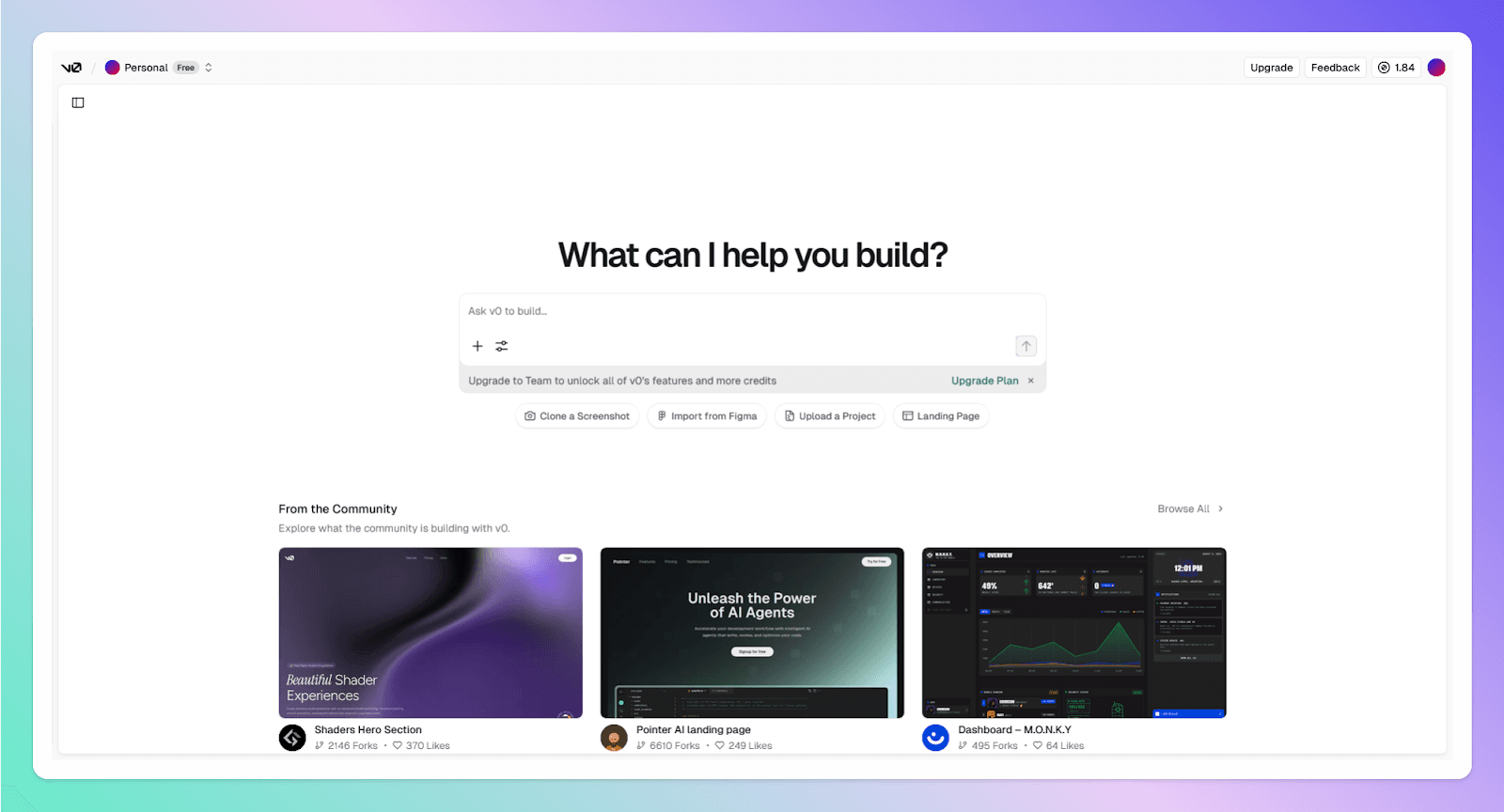 Vercel v0 homepage