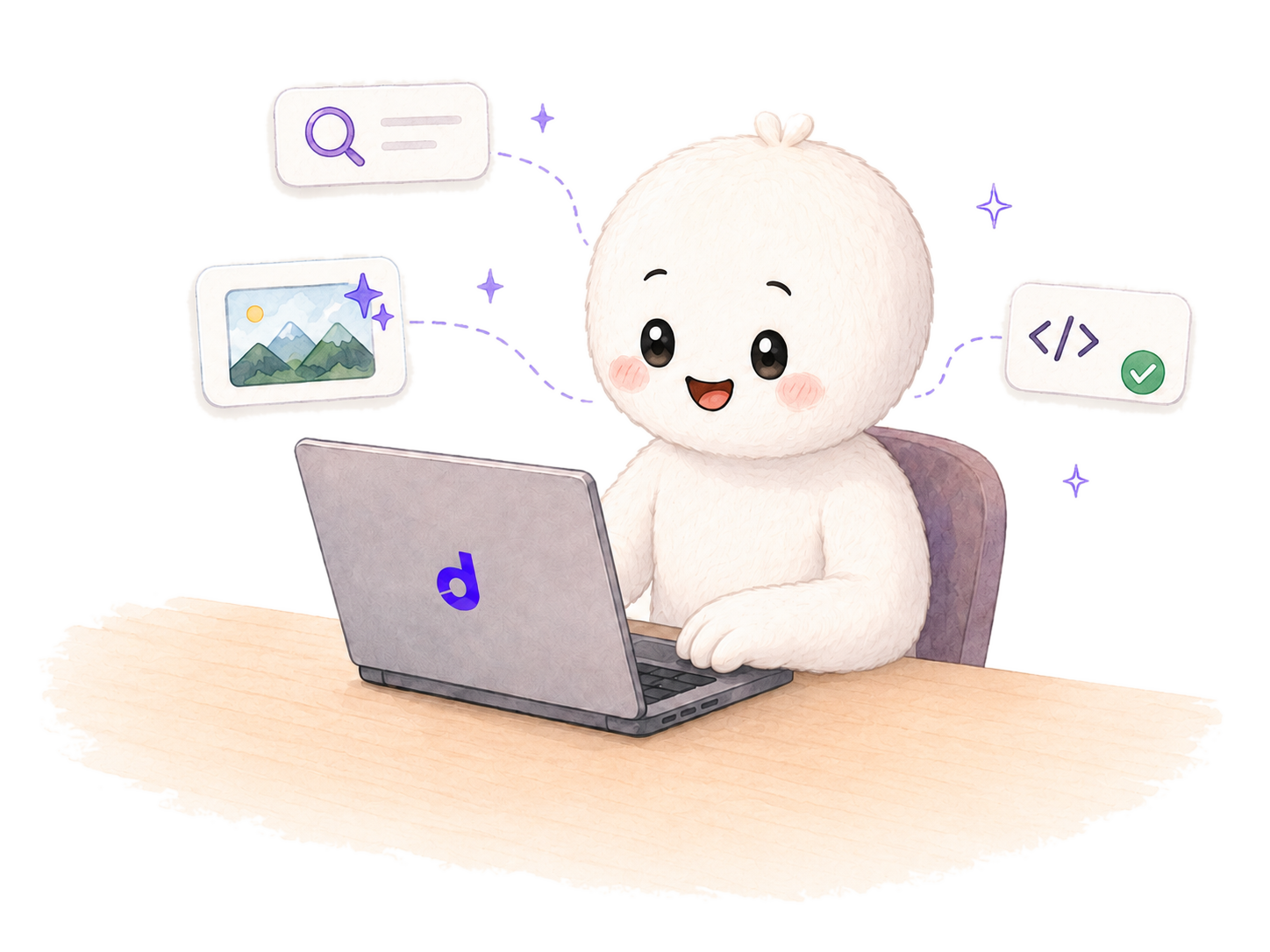 Illustration of a cheerful character working on a laptop surrounded by notes about search, media, and coding